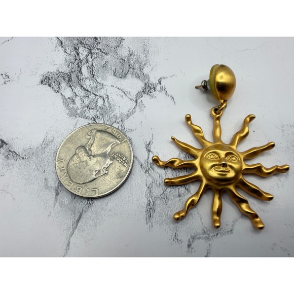 Matte Gold Sun Face Dangle Earrings 2" Drop Celestial Signed "C" - Picture 7 of 8